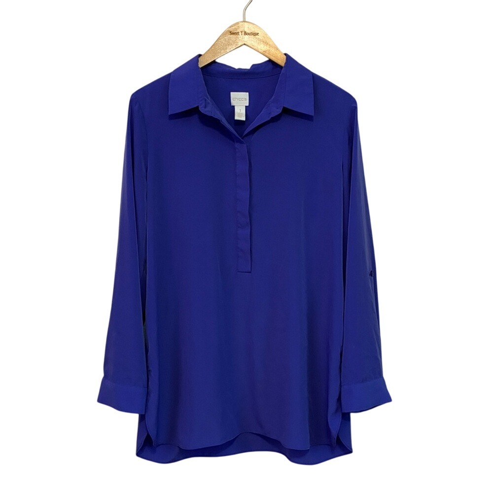 CHICO'S Medium Blue‎ Violet Roll Tab Sleeve Button Popover Tunic Blouse Office